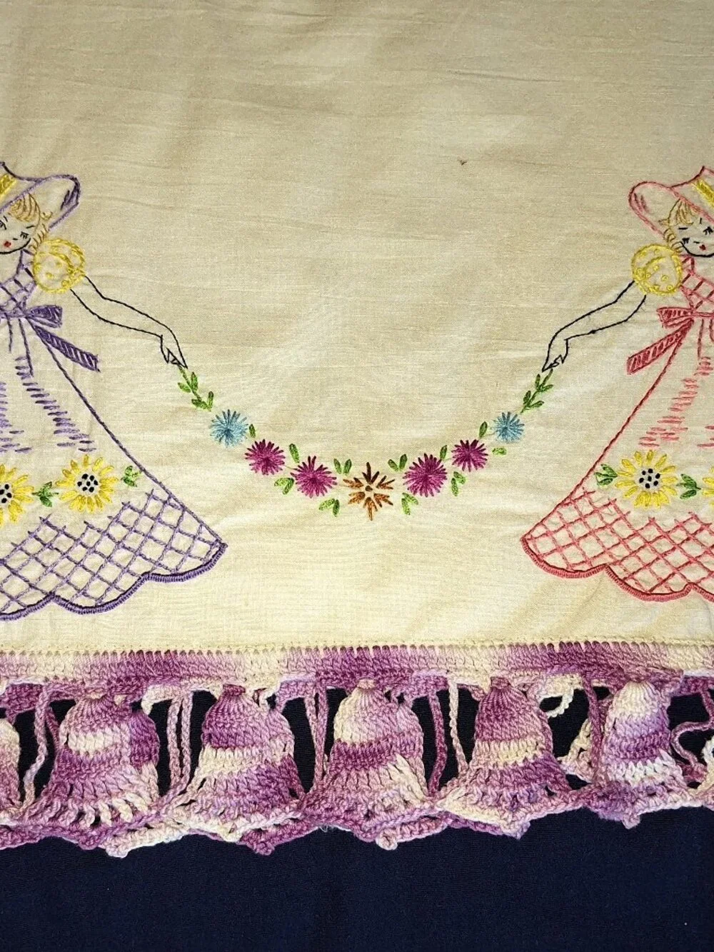 Vintage Embroidered Pillowcases 2 Ladies Big Skirts